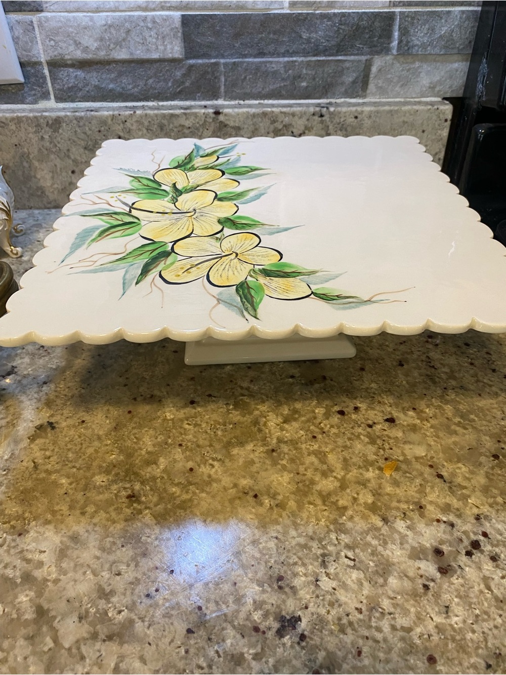 Hand-Painted Floral Ceramic Cake Stand - Yellow Floral